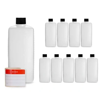 Afbeelding van 10x 500 ml Octopus kunststof flessen, HDPE plastic flessen met zwarte schroefsluitingen, lege schroefdeksels, vierkante incl. etiketten