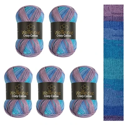Afbeelding van Wollbiene Crazy Cotton Batik, 5 x 100 g, 500 gram met kleurverloop, 55% katoen, meerkleurig, breiwol, wol voor het hele jaar (6020 blauw sering turquoise)