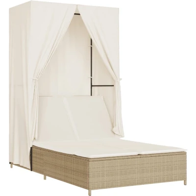 Afbeelding van vidaXL Ligbed tweepersoons met dak en gordijn poly rattan beige