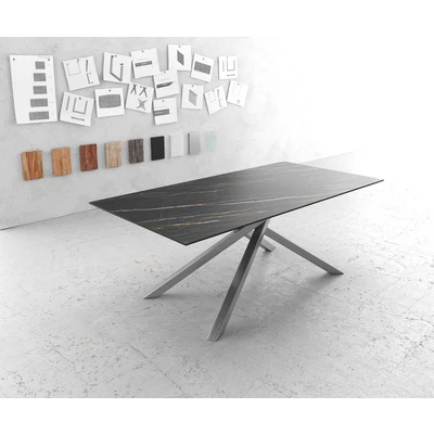 Afbeelding van Eettafel Edge Laminam® keramiek bruin 200x100cm middenvoet kruis zilver
