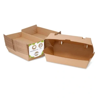 Afbeelding van BIOZOYG Take Away kartonnen doos 50 stuks I robuuste fastfooddozen met hoog scharnierend deksel snackbox van karton stable To Go verpakking bruin 13 x 24,8 7,5 cm biologisch afbreekbaar