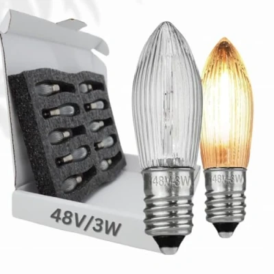 Afbeelding van 10 x gloeilamp &#039;Berglämpl&#039; E10 48 V/3 W ribbelkaars puntkaars topkaars gloeilampen voor lichtboog en lichtboog, geel gloeiend