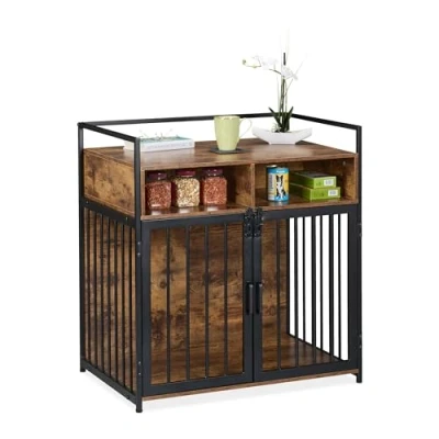 Afbeelding van Relaxdays hondenbench woonkamer, HBD: 85x80x54 cm, bench, vakken, 2 deuren, hondenhok houtlook, industrieel, bruin zwart