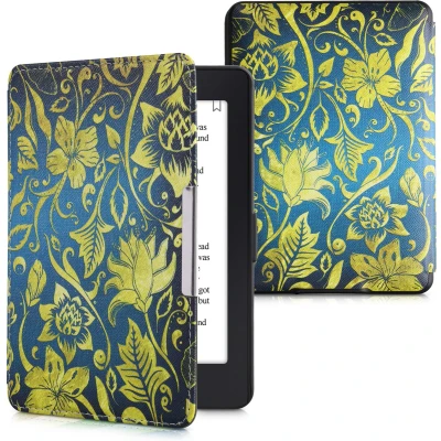 Afbeelding van kwmobile e reader hoesje compatibel met Amazon Kindle Paperwhite Magneetsluiting Ereader case Vintage Bloemen in geel/blauw/donkerblauw