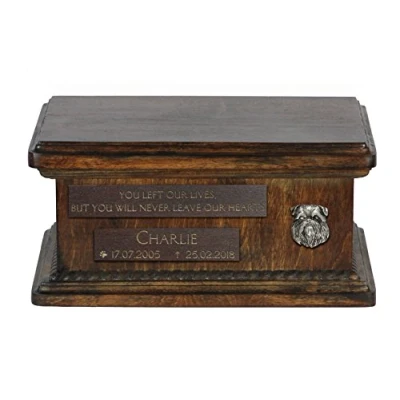 Afbeelding van Art Dog Custom Low Memorial Urn Handgemaakt koud gegoten bronzen portret op berkenbasis Gepersonaliseerde hondencrematiedoos 8,3x11,4x4,3 Kleine Griffon