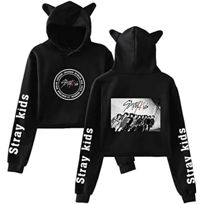 Afbeelding van Verdwaalde Kids Sweatshirt Leuke Kat Oor Trui KPOP Blootgestelde Navel Pullover Casual Lange Mouw Jumper Gedrukt Crop Top Lovely Hoodie Bang (Color : 2, Size S)