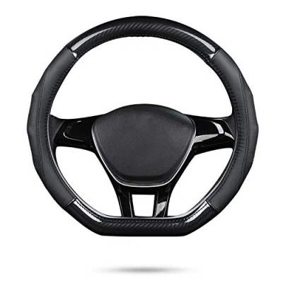 Afbeelding van Ergocar Stuurhoes voor auto, koolstofvezel en koeienhuid, eerste laag, antislip, diameter 38 cm (15 inch) (D zwart)