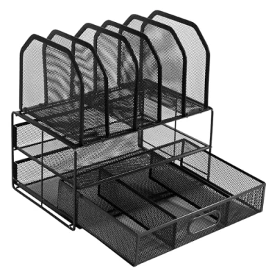 Afbeelding van Amazon Basics Bureau organizer van draadgaas, met schuiflade, dubbele aflegmogelijkheid en 5 verticale compartimenten