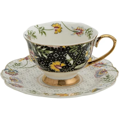 Afbeelding van Clayre &amp; Eef Kop en schotel 200 ml Wit Zwart Porselein Rond Bloemen Servies