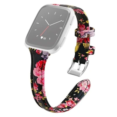 Afbeelding van Fitbit Versa 1 / 2 &amp; Lite bandje TPU leer Bloemenprint zwart