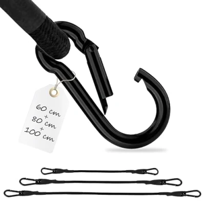 Afbeelding van ECENCE 3x Spanelastiek met karabijn 1x100cm, 1x80cm, 1x 60cm in Zwart Rubberen spanbanden, bagagespanband, expander, spanband voor fiets, auto, bagage, transportbeveiliging