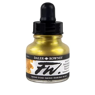 Afbeelding van Daler Rowney FW acryl inkt, glazen fles met druppelaar, 1 oz 29,5 ml, goud imitatie