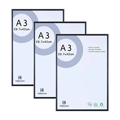 Afbeelding van YEEPHAN A3 fotolijsten, certificaatlijst, posterframe 29,7 x 42 cm zwart metalen aluminium fotolijsten met perspex voorkant voor wandmontage, set van 3