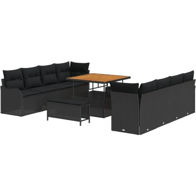 Afbeelding van vidaXL 11 delige Tuinbank Set met Kussens Zwart Poly Rattan Acacia, 2 Persoons Rattan, 3 Tuin Eet Acacia