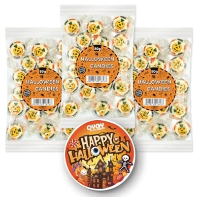 Afbeelding van OYOY Halloween snoepset, 3 x 80 g, handgemaakte pompoenmotief, snoepjes, afzonderlijk verpakt met stickers, Halloween, snoep, snoep