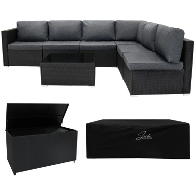 Afbeelding van Rotan Modulaire Tuinmeubelen 7 Delige Set &amp; 700L Opbergbox Serafina Zwart 5 Zits Zitbank Sectionele stoelen met Kussens Salontafel Waterdichte Hoes Voering Gasveren Hefmechanisme Wielen Buiten