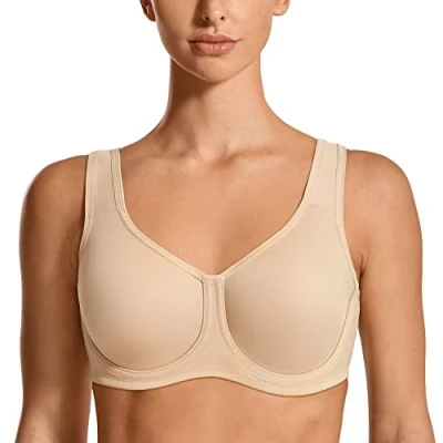 Afbeelding van SYROKAN Sportbeha Vrouwen Max Control Solid High Impact Plus Size Onderdraad Sport BH met beugel voor grote maten Beige 75D