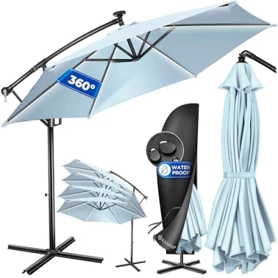 Afbeelding van KESSER® aluminium zweefparasol LED zonne energie incl. afdekking afstandsbediening &amp; zwengel parasol met standaard 360 functie UV bescherming waterafstotend (lichtblauw, 350cm)