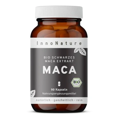 Afbeelding van InnoNature Biologische zwarte maca extract capsules, puur natuurlijke ingrediënten, 90 440 mg per capsule, glutenvrij, veganistisch, plantaardig