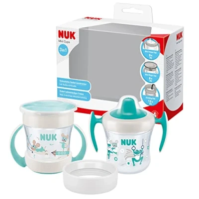 Afbeelding van NUK Mini Cups 3 in 1 drinkbekerset Magic Cup en Trainer Lekvrije 360 drinkrand vanaf 6 maanden Praktische handvatten BPA vrij 160 ml 2 stuks