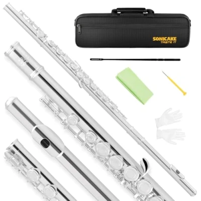 Afbeelding van SONICAKE C FL 11 QFL 11, 16 kleppen, gesloten gaten voor beginners, verzilverde scholierenfluit met reinigingsset, draagtas, standaard en greeptabel