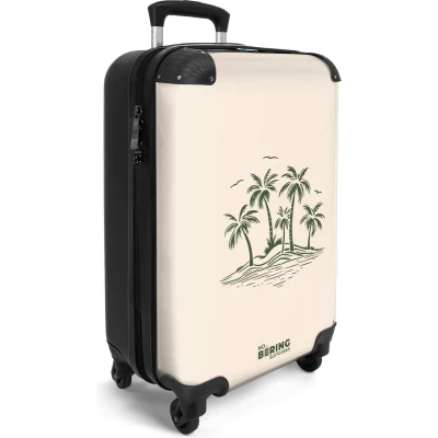 Afbeelding van NoBoringSuitcases.com® Handbagage koffer lichtgewicht Reiskoffer trolley Beige met groene palmbomen Rolkoffer wieltjes Past binnen 55x40x20 en 55x35x25