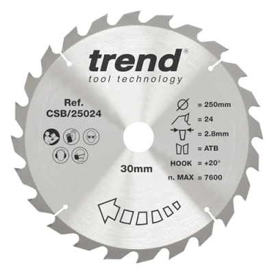 Afbeelding van Trend CraftPro TCT cirkelzaagblad voor algemeen gebruik, 250 mm diameter x 24 tanden 30 asgat, wolfraamcarbide getipt, CSB/25024