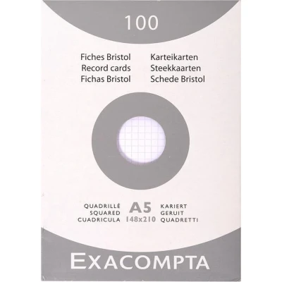 Afbeelding van Exacompta 13208E Verpakking met 100 indexkaarten, DIN A5, geruit, ideaal voor notities, wit, 1 stuk