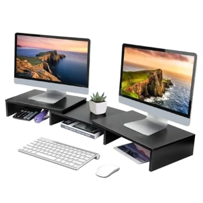 Afbeelding van Fleau Home Verstelbare Monitorverhoger Laptopstandaard Ergonomische Bureau organizer Dubbele Monitorstandaard met Lade Verhoger Hout