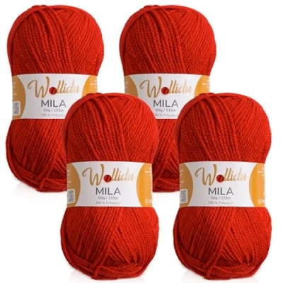 Afbeelding van Wollidu Mila garen voor haken en breien, 4 x 50 g/133 m, breigaren, 100% polyacryl, haakgaren, vuurrood
