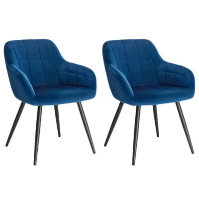 Afbeelding van WOLTU Set van 2 eetkamerstoelen met armleuningen, woonkamerstoel metalen frame en fluwelen zitting, blauw BH93bl