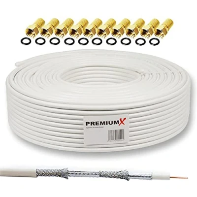 Afbeelding van PremiumX BASIC Coaxiale Kabel van 25m Perfecte ontvangst met 135dB viervoudige aluminium afscherming Compatibel DVB S/S2, C, T, BK installaties Inclusief 10 F connectoren