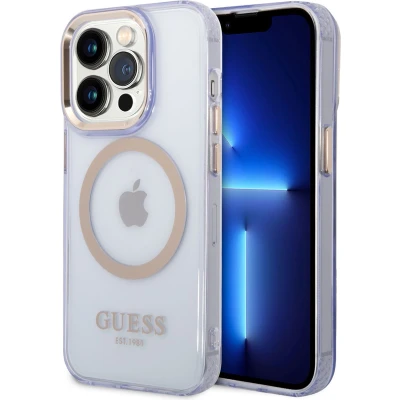 Afbeelding van Guess iPhone 14 Pro Max Hardcase Backcover Gold Buttons &amp; Camera Magsafe Compatible Doorzichtig Paars