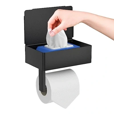 Afbeelding van GUIGUZI Toiletpapierhouder met vochtige doekjesbox, zonder boren,Roestvrij staal zwart wc papierhouder, Zelfklevende Toiletrolhouder wandmontage papierhouder voor keuken en badkamer