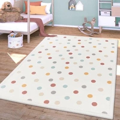 Afbeelding van Vloerkleed Kinderkamer Meisjes Jongens Antislip Soft Wasbaar Gestippeld, Kleur:Blauw Geel Crème, Maat:160x220 cm