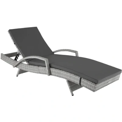 Afbeelding van tectake® Wicker zonnestoel ligstoel ligbed zonnebed Verstelbare rugleuning (5 standen) Incl. ligkussen met wasbare hoes lichtgrijs poly rattan