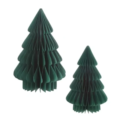 Afbeelding van Papieren dennenboom, set van 2, 30 cm/20 cm, groen, tafeldecoratie, kerstboom om neer te zetten, decoratieve standaard voor Kerstmis, advent, winter, raamdecoratie