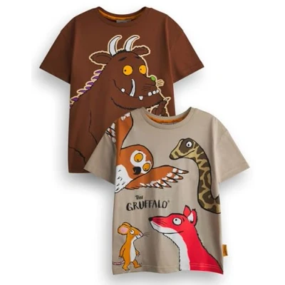 Afbeelding van The Gruffalo T shirt voor kinderen, set van 2 Bruin &amp; Friends grafisch jongens Veelkleurige multipack sprookjestopjes met korte mouwen Verhaalboek Merchandise Cadeaubundel
