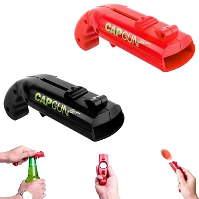 Afbeelding van Cap Gun Flessenopener Shooter, grappige flesopener pistool, launcher creatieve flesopener, bierdekselpistool, voor thuis, bar, feest, drinkspel en cadeau (rood + zwart)