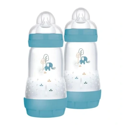 Afbeelding van MAM Easy Start Anti koliek flesjes, set van 2 babyflessen voor baby&#039;s 4 maanden, 260 ml met speen Fluss 2+ SkinSoft siliconen, bio rond, lichtblauw