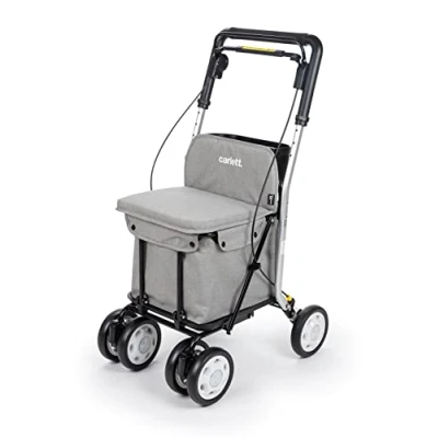 Afbeelding van Carlett Boodschappenwagen en loophulp met zitje voor ouderen 4 wielige opvouwbare supermarktwagen afneembare boodschappentas 29 L/15 kg opbergvak lichtgrijs