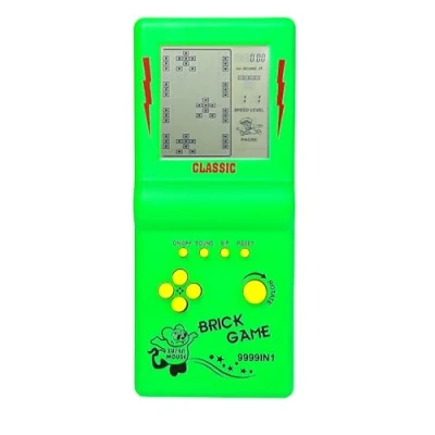 Afbeelding van HLF 3,5 inch retro bakstenen spelconsole met groot scherm voor de jaren 80/90 bouwsteen spel racen/tankspel ingebouwde 23 klassieke spellen Nostalgische puzzel kinderspelconsole (groen)