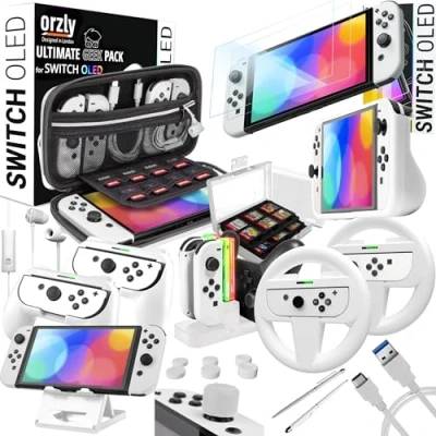 Afbeelding van Orzly Accessoires Bundel Compatibel met Nintendo Switch OLED Geek Pack: Case &amp; Screen Protector, Joycon Grips Racing Wheels, Controller Charge Dock, Comfort Grip Meer Ice White