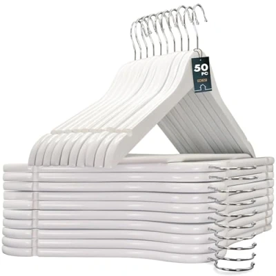 Afbeelding van edihome, houten kleerhanger, 50 set, hanger van massief hout, antislip broekstang, inkepingen in het schoudergedeelte, 360 draaibare haak, voor pakken, overhemden (Wit, eenheden)