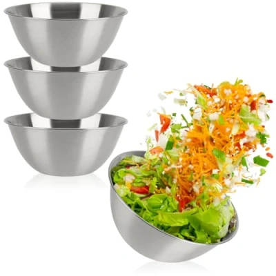 Afbeelding van COM FOUR® 4 delige kommenset van roestvrij staal stapelbare slakom 1300 ml roestvrijstalen kom voor bakken, serveren en snacken mengkom waterbak huisdieren (4 stuks Ø 19cm)