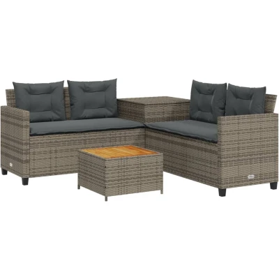 Afbeelding van vidaXL Tuinbank met tafel en kussens L vormig poly rattan grijs
