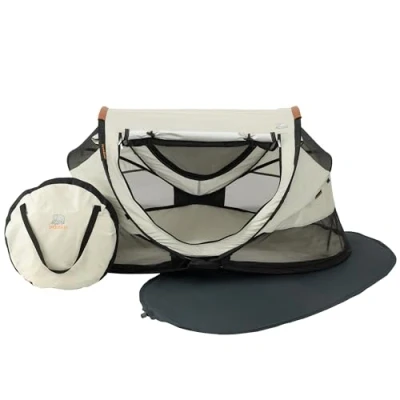 Afbeelding van Deryan Peuter Luxe Campingbedje Inclusief zelfopblaasbare matras leren handvatten Ivory