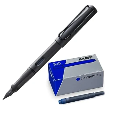 Afbeelding van Lamy set van 1 x Safari vulpen in umbraveer medium en 1x T10 3 delige inktpatronen originele kartonnen doos inktkleur blauw