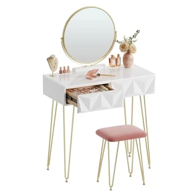 Afbeelding van Eugad kaptafel met kruk en spiegel, 360 graden draaibaar, make up 2 laden, gevoerde fluwelen kruk, 3D effect lade, wit goud