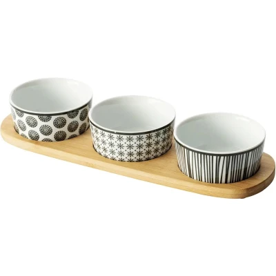Afbeelding van 5Five Serveerplank/borrelplank hapjes/saus/tapas aardewerk wit met 3x schaaltjes Serveerplanken